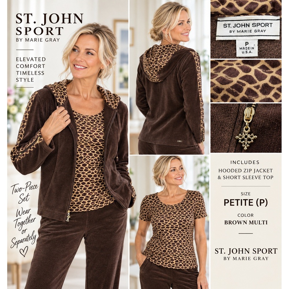 St John Sport Marie Gray S/P 2pc Velour Hoodie & Top Animal Print Brown USA 1902